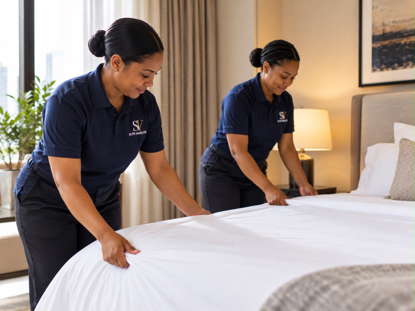 Elite Handlers housekeeping team preparing a guest bedroom