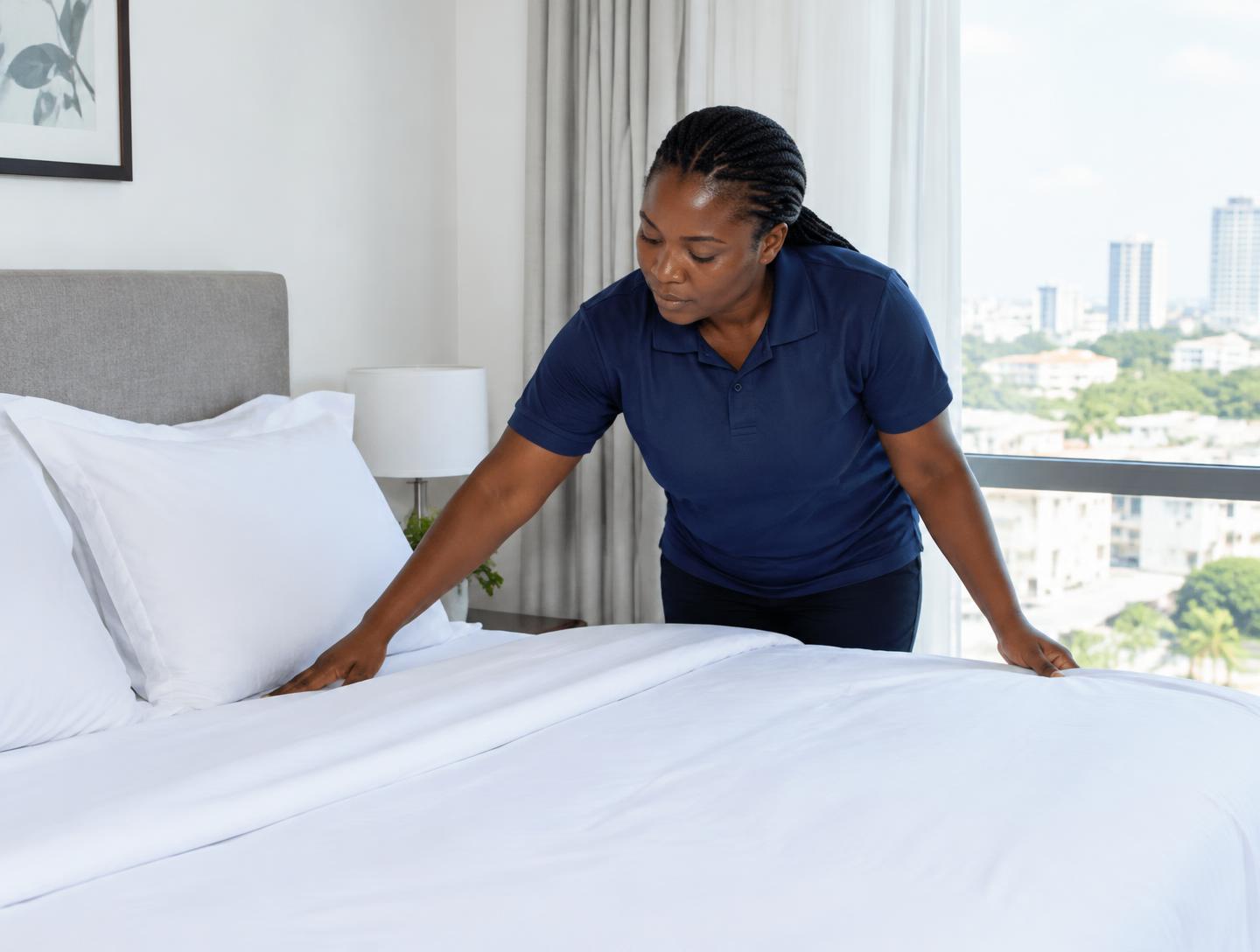 Housekeeper making a bed with crisp white linen